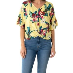 Umgee Yellow Flower Striped Knotted Waist Blouse With Ruffle Sleeves Size Small